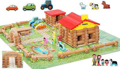 Wooden Logs Toys Farm Playset- Wooden Logs Building Set Farm 207 Pieces 3 4 5 6