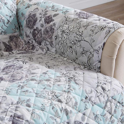 Reversible Floral Patchwork Furniture Protector Scalloped Edge Stain Resistant Printed Furniture Protector Maribel Collection (Sofa, Gray/Aqua)