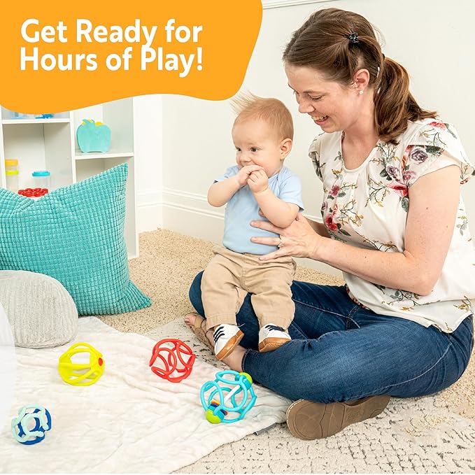 OgoBolli Teether Ring Tactile Sensory Ball and Baby Rattle Toy for Babies & Toddlers - Stretchy, Squishy 6+ Months
