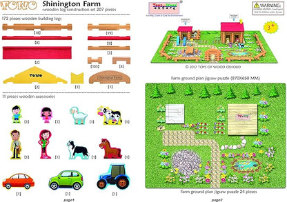 Wooden Logs Toys Farm Playset- Wooden Logs Building Set Farm 207 Pieces 3 4 5 6