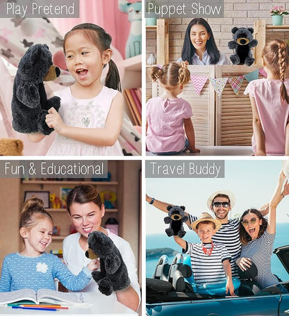 DolliBu Black Bear Plush Hand Puppet for Kids - Soft Plush Stuffed Animal Hand Puppet Toy, Puppet Show Games Puppet Theaters for Kids