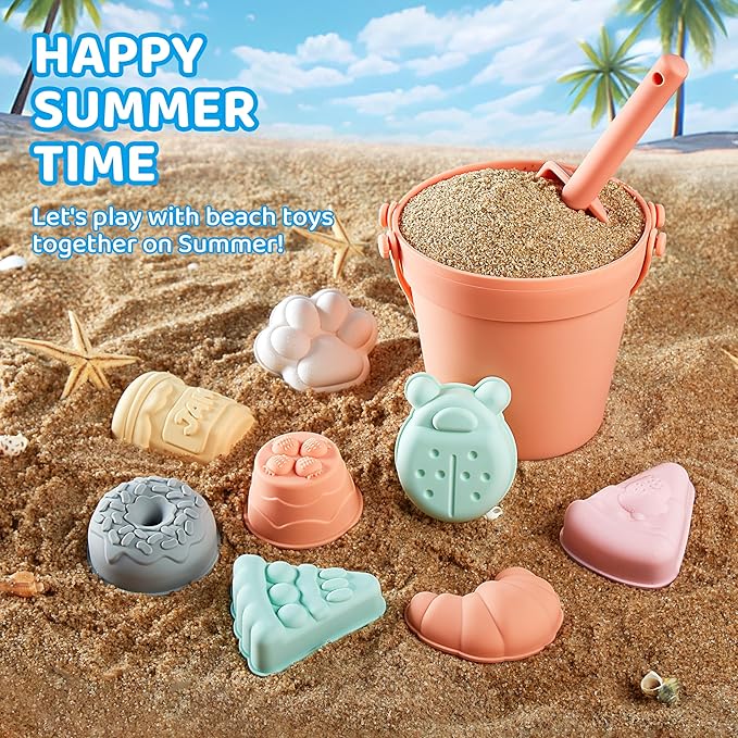 ISSEVE 23Pcs Beach Toys Set for Kids Toddlers Girls, Silicone Sand Toys Include Sand Bucket 12 Sand 3-12 (Peach)