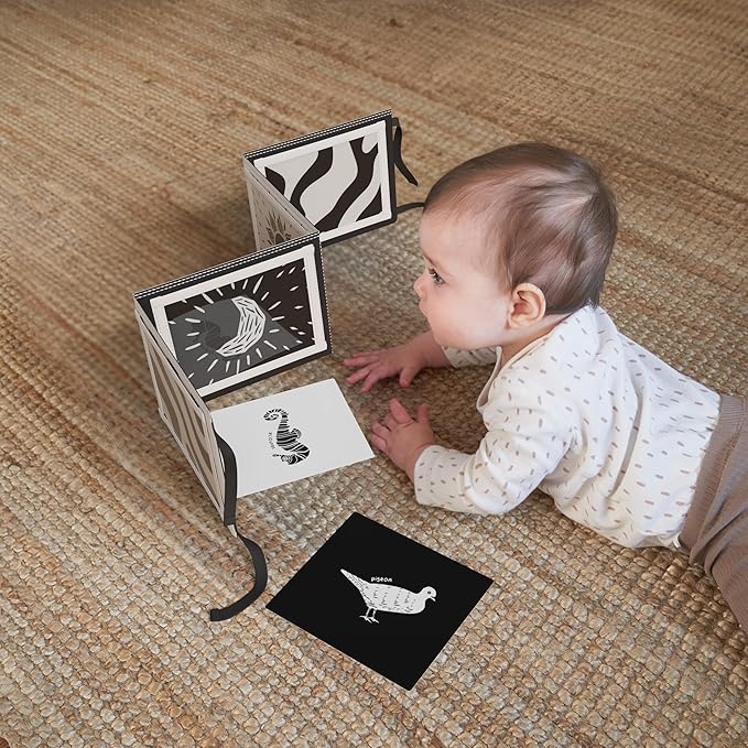 Soft Tummy Time Book w/ Stimulating Baby Safe Mirror - Fun Black and White Montessori Toy w/ Crinkle Filling & 20 High Contrast Designs