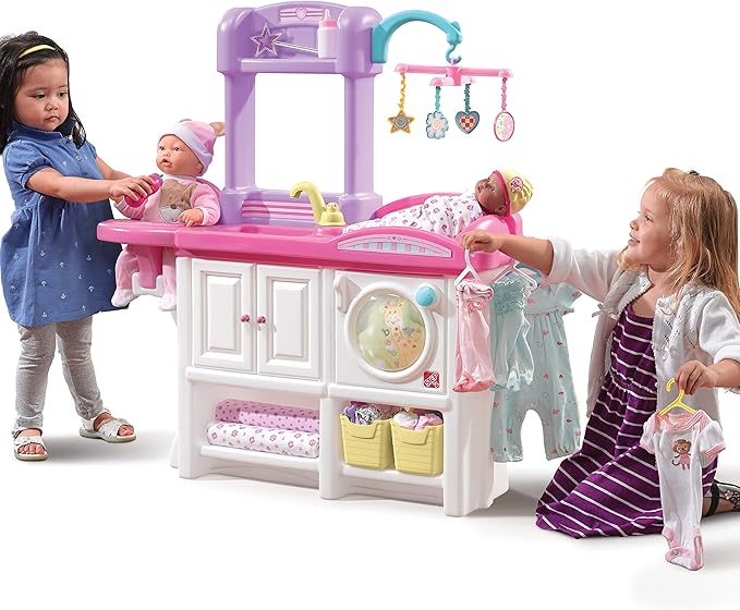 Step2 Love & Care Deluxe Baby Doll Nursery Playset for Kids, Compact Changing Station & Crib, Made of Durable Plastic, Includes Toy Accessories, For Toddlers 2-6 Years Old, Pink