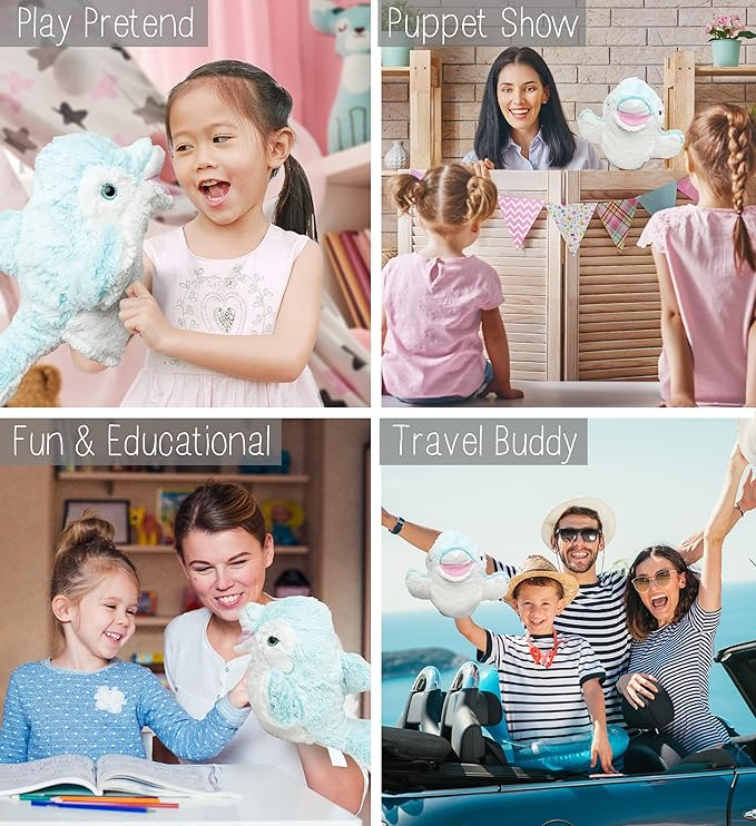 DolliBu Dolphin Plush Hand Puppet for Kids - Soft Plush