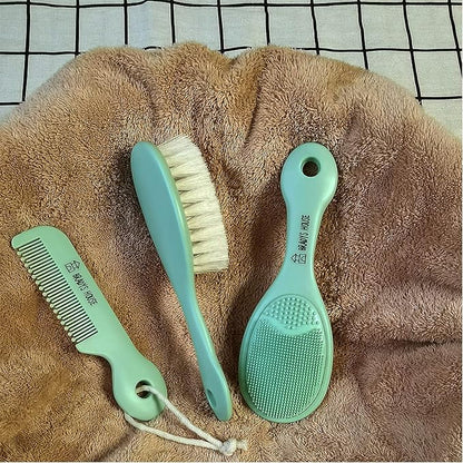3 Piece Baby Hair Brush & Comb Set for Newborns- Soft Goat Bristle Hair-Brush, Silicone Bath Brush and Plastic Comb for Infant, Toddler, Kids - Baby