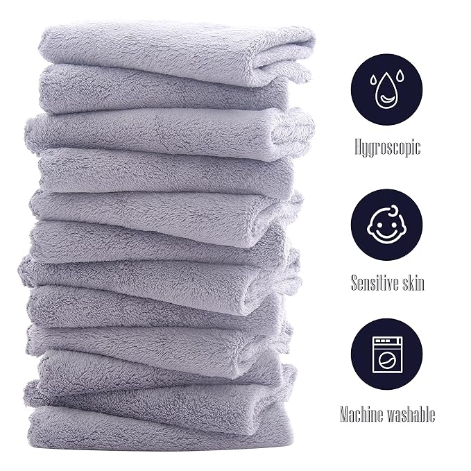 16 Pack Baby Washcloths - Luxury Coral Fleece Grey,10x10 Inch