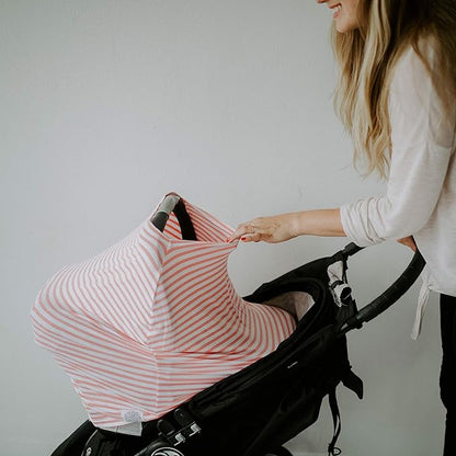 Parker Baby 4 in 1 Car Seat Cover for Boys - Stretchy Carseat Canopy, Nursing Cover, Grocery Cart Cover, High Chair Cover - Navy/White Stripes