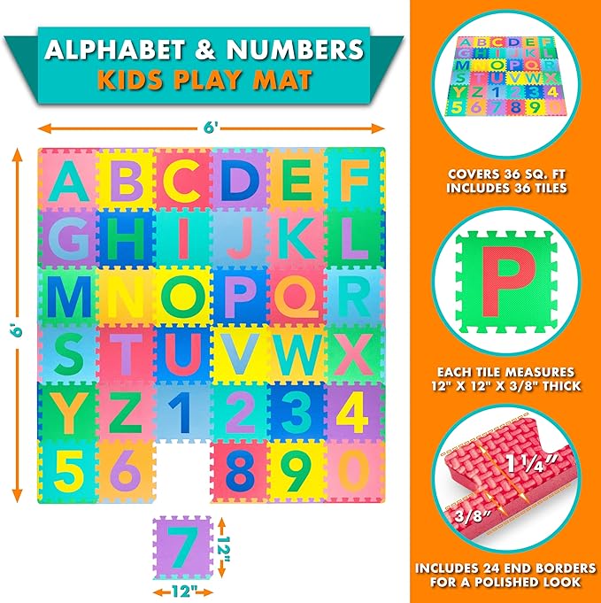 ProSource Kids Puzzle Alphabet, Numbers 36 Tiles 12" by 12",Abc & 123