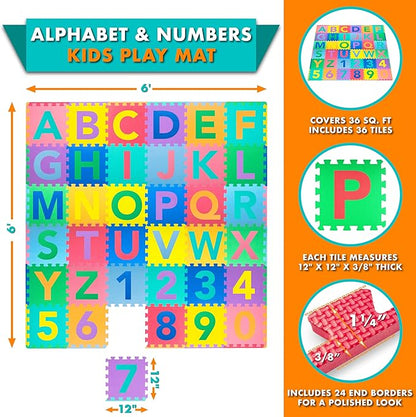 ProSource Kids Puzzle Alphabet, Numbers 36 Tiles 12" by 12",Abc & 123