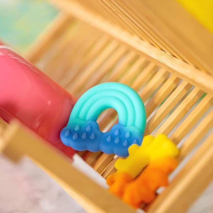 Bright Starts Chance of Smiles Silicone Teether 2-Pk, Easy-Grasp Sun and Rainbow 3 Months+