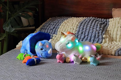 Hopearl LED Musical Stuffed Unicorn Playset Lighting Up Singing Plush Toy Mommy Unicorn with 3 Baby Unicorns in her Tummy Adjustable Volume Lullaby Animated Soothe Gifts for Kids Girls, White 19''