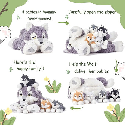IKASA Mommy Wolf Stuffed Animal Mom and Baby Plush Toy, Cute 18" Soft Small Fluffly Mama Family Set Toy with Little Mini Babies