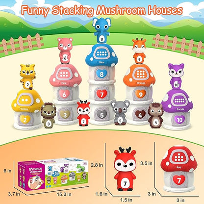 20PCS Farm Animal Toys Toddler Toys Age 1-2 2-4, Montessori Toys for 1 Year Old Finger Puppets Mushroom House Learning Stacking Toys 2