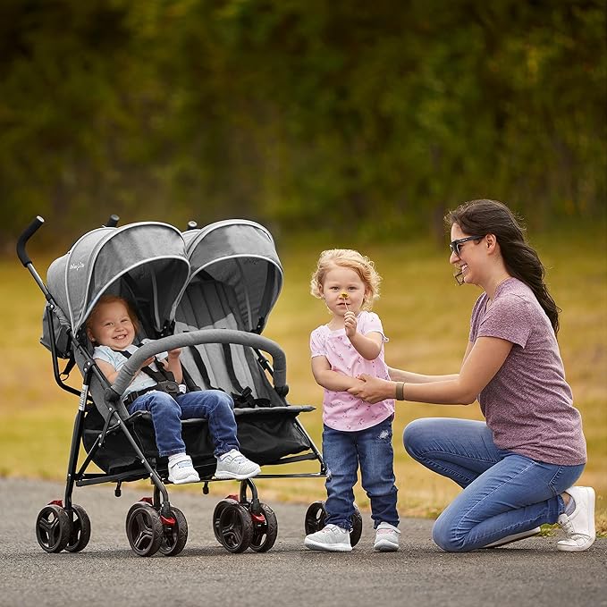 Dream On Me Volgo Twin Umbrella Stroller in Gray, Lightweight Double Stroller for Infant & Toddler, Compact Easy Fold, Large Storage Basket, Large and Adjustable Canopy