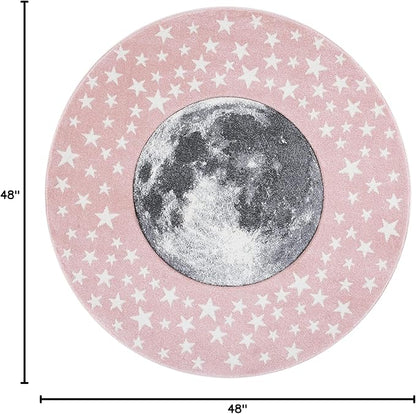 SAFAVIEH Carousel Kids Collection 4' Round Pink/Grey CRK135U Moon & Stars Non-Shedding Playroom Nursery Bedroom Area Rug