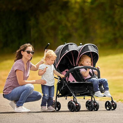 Dream On Me Volgo Twin Umbrella Stroller in Pink, Lightweight Double Stroller for Infant & Toddler, Compact Easy Fold, Large Storage Basket, Large and Adjustable Canopy