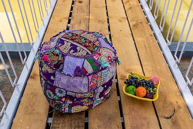 THE ART BOX Cotton Patchwork Vintage Boho Embroidered Bean Bag Seating Pouf Covers Ottoman Kids Stool Decorative Chair Boho Home Décor (14x22 Inches, Cover Only)