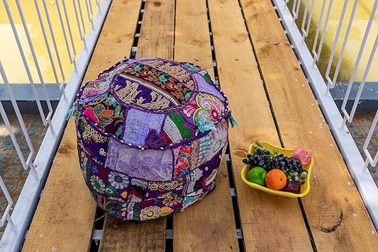 THE ART BOX Cotton Patchwork Vintage Boho Embroidered Bean Bag Seating Pouf Covers Ottoman Kids Stool Decorative Chair Boho Home Décor (14x22 Inches, Cover Only)