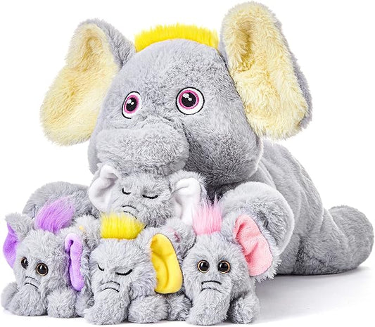 IKASA Mommy Elephant Stuffed Animal Mom and Baby Plush Toy,Cute 18" Soft Small Mama Family Set Toy with Little Mini Babies