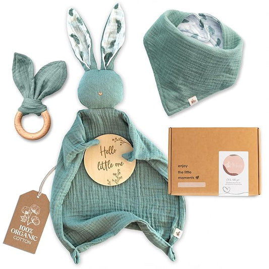 Mikito Organic Cotton Newborn Gifts Box, Baby Gifts Unisex incl. Muslin Baby Lovey Comforter + Baby Bandana Bib Drool + Wooden Baby Teether + Birth Announcement Sign
