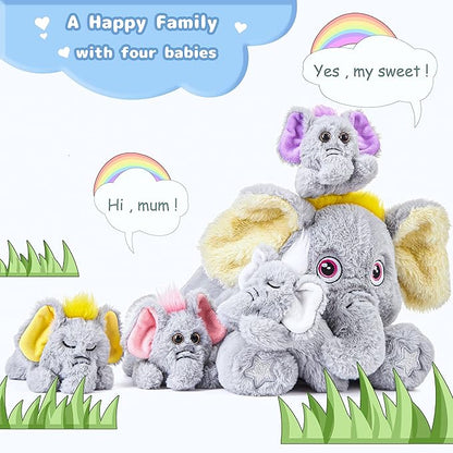 IKASA Mommy Elephant Stuffed Animal Mom and Baby Plush Toy,Cute 18" Soft Small Mama Family Set Toy with Little Mini Babies