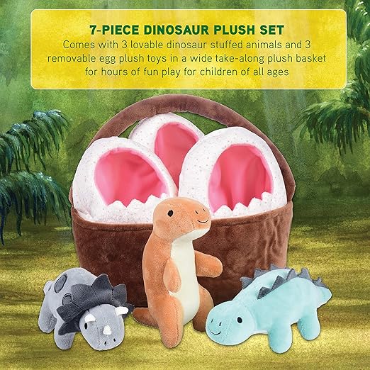 Cre8tive Minds Basket of Baby Dinosaurs, Plush Dolls 7-Piece Toddler 3 Dinos, 3 Eggs, (MTC-1017)