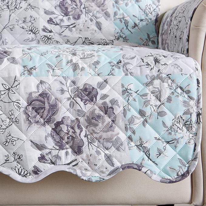 Reversible Floral Patchwork Furniture Protector Scalloped Edge Stain Resistant Printed Furniture Protector Maribel Collection (Sofa, Gray/Aqua)