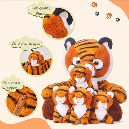 IKASA Mommy Tiger Stuffed Animal Mom and Baby Plush Toy,Cute 11” Soft Small Fluffy Mama Tiger Family Set Cuddly Huggable Toy with Little Mini Babies