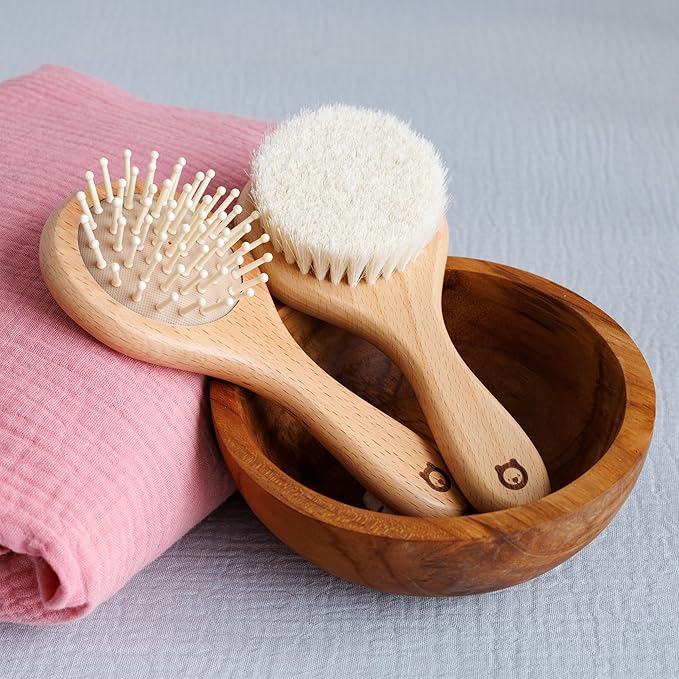 Baby Wooden Hair Brush Set - Premium Baby Brushes - Soft Natural Bristles - Organic Baby Products - Perfect Baby Registry Gift - Cradle Cap Brush - Newborns & Toddlers