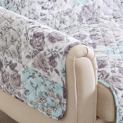 Reversible Floral Patchwork Furniture Protector Scalloped Edge Stain Resistant Printed Furniture Protector Maribel Collection (Sofa, Gray/Aqua)