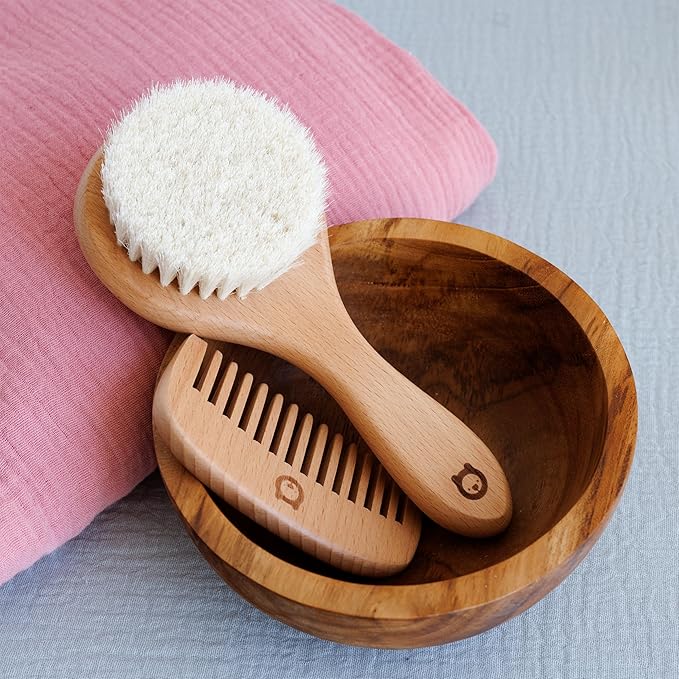 Hair Brush and Comb Set for Newborns & Toddlers - Ultra Soft Goat Hair Brush - Perfect Registry Gift