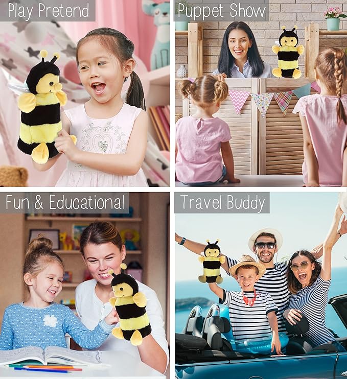 DolliBu Honeybee Plush Hand Puppet - Soft Bee Puppet Stuffed Animal Hand Puppet Toy, Perfect for Puppet Show Games 10 Inch