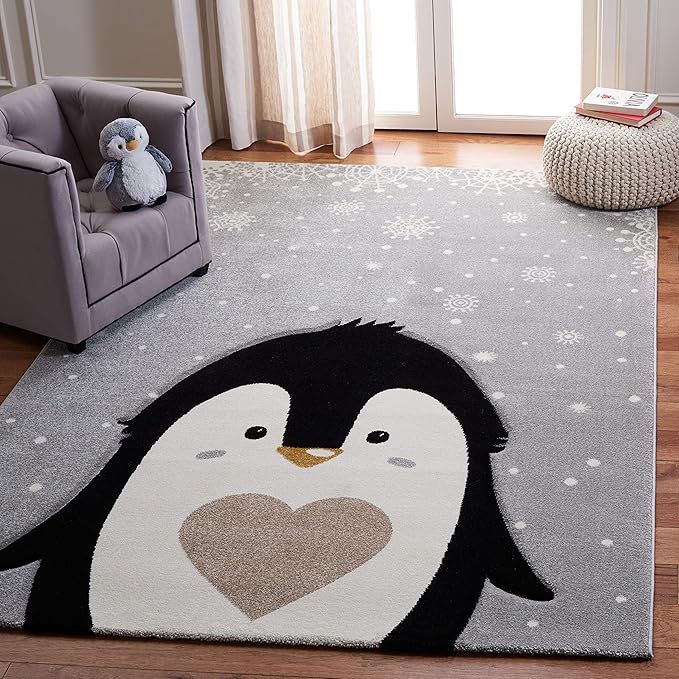 SAFAVIEH Carousel Kids Collection Area Rug - 6'7" x 9', Light Grey & Black, Non-Shedding & Easy Care, Ideal for High Traffic Areas for Boys & Girls in Playroom, Nursery, Bedroom (CRK132F)