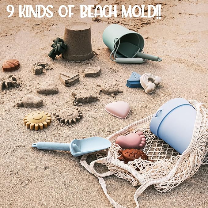 Hungdao 14 Pcs Silicone Beach Toys Travel Beach Set Sand Toys Include 2 Silicone Bucket Pail, 2 Shovel 9 Sand 1 Beach