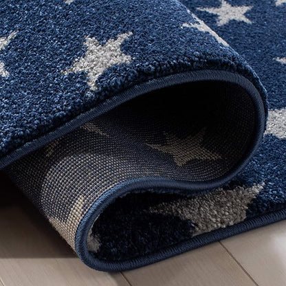 SAFAVIEH Carousel Kids Collection Area Rug - 5'3" Square, Navy & Grey, Non-Shedding & Easy Care, Ideal for High Traffic Areas for Boys & Girls in Playroom, Nursery, Bedroom (CRK135N)