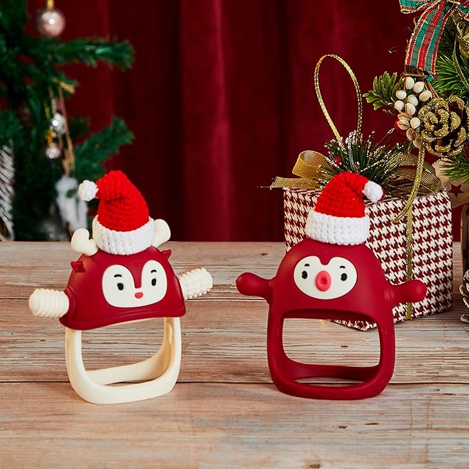Baby Christmas Stocking Stuffers-Smily Mia Penguin Buddy and Reindeer 2 in 1 Christmas Gift/Toy Set for 0-12 Months Teething Babies, Teeting Mittens For Babies