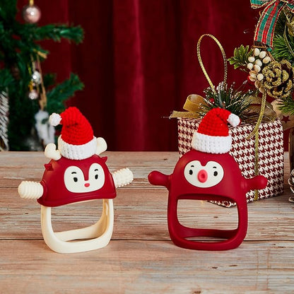 Baby Christmas Stocking Stuffers-Smily Mia Penguin Buddy and Reindeer 2 in 1 Christmas Gift/Toy Set for 0-12 Months Teething Babies, Teeting Mittens For Babies