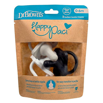 Dr. Brown's HappyPaci 100% Silicone Baby Pacifier, Contoured One-Piece Design 0-6m, BPA-Free, 3 Pack