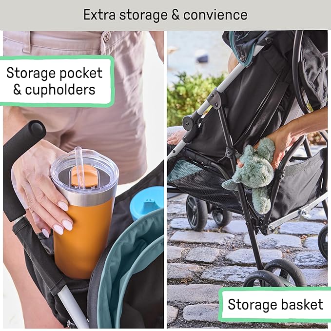 Summer by Ingenuity 3D Mini Convenience Stroller – Lightweight Stroller with Compact Fold, Multi-Position Recline, Canopy with Pop Out Sun Visor – Umbrella Stroller for Travel and More, Slate Grey