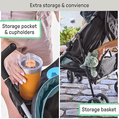 Summer by Ingenuity 3D Mini Convenience Stroller – Lightweight Stroller with Compact Fold, Multi-Position Recline, Canopy with Pop Out Sun Visor – Umbrella Stroller for Travel and More, Slate Grey