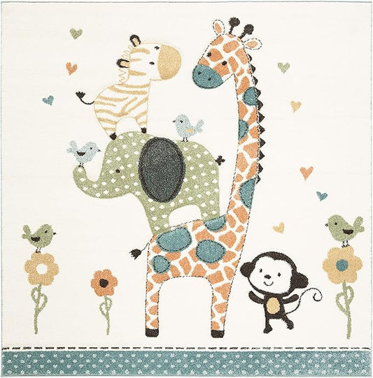 SAFAVIEH Carousel Kids Collection 8' Square Ivory CRK120A Animal Non-Shedding Nursery Playroom Area Rug