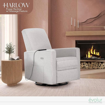 Evolur Harlow Deluxe Upholstered Plush Seating Glide Rocker, Swivel, Power Recliner USB Port with in-Built Massager, Greenguard Gold Certified, Glider Chair for Nursery in Fog Grey