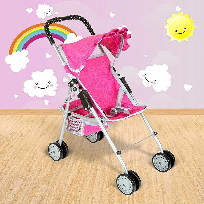 fash n kolor Doll Stroller with Basket, My First Denim Pink Foldable Baby Doll Umbrella Doll Stroller Fits Upto 18" Dolls 2 Free
