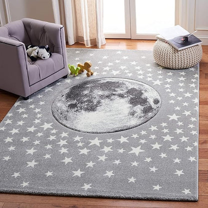 SAFAVIEH Carousel Kids Collection 4' Square Light Grey/White CRK135F Moon and Stars Non-Shedding Nursery Playroom Area Rug