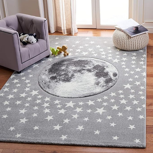 SAFAVIEH Carousel Kids Collection 4' Square Light Grey/White CRK135F Moon and Stars Non-Shedding Nursery Playroom Area Rug