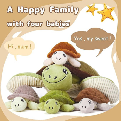 IKASA Mommy Sea Turtle Stuffed Animal Mom and Baby Plush Toy, Cute 15" Soft Small Mama Family Set Toy with Little Babies