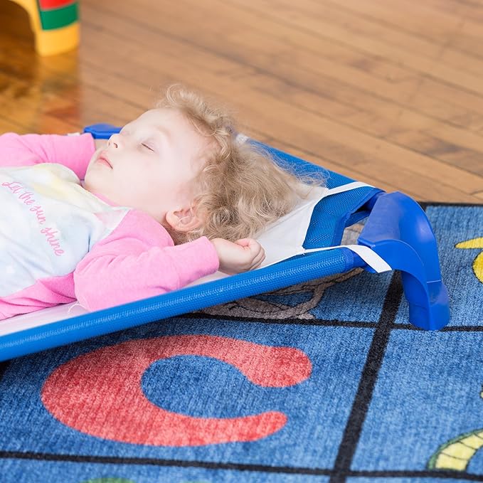 Sprogs Heavy-Duty Stackable 40"L Daycare Cots for Toddlers Ages 1 to 2, Stacking Preschool Classroom Toddler Cots for Sleeping, Resting, Naptime, Pack of 12, Blue