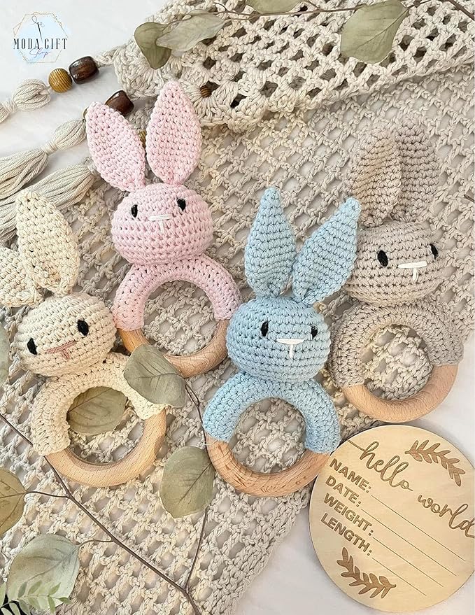 Baby Gift Rattle and Teether Toy Handmade Crochet, Safe and Non-Toxic Beechwood