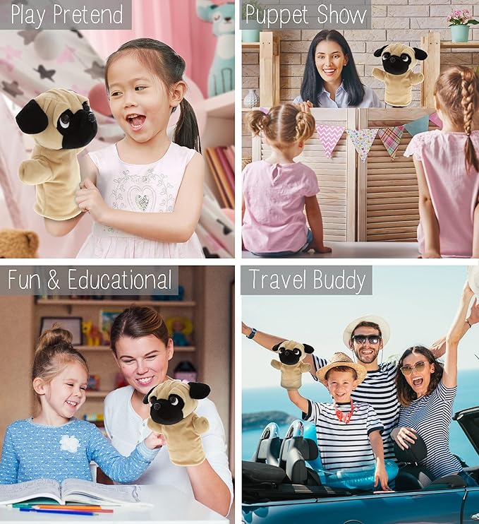 DolliBu Pug Dog Hand Puppet - Super Soft Plush Pug Stuffed Animal Hand Puppets for Kids, Cute Educational Pug Hand Puppets for Adults Teaching and Story Telling Puppet Show Theater Games 8.5 Inches